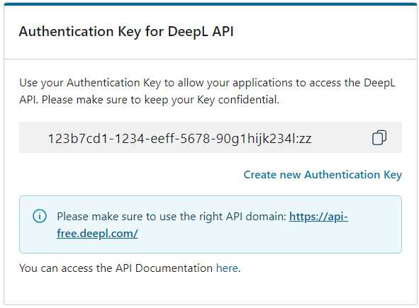 Screenshot of the DeepL account page showing the authentication key.