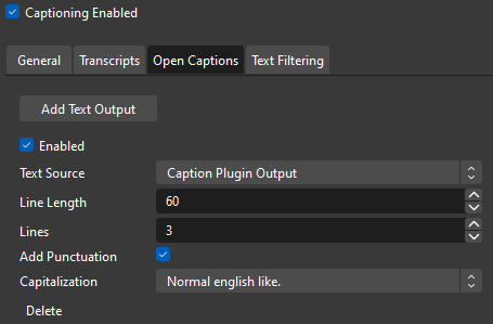 Screenshot of the OBS caption plugin Open Captions tab, configured to output to a text source.