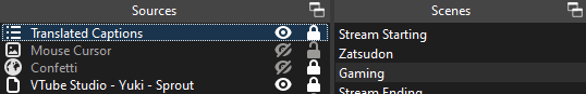 Screenshot of OBS showing a gaming Scene. At the top of the source list is the Translated Captions scene source.