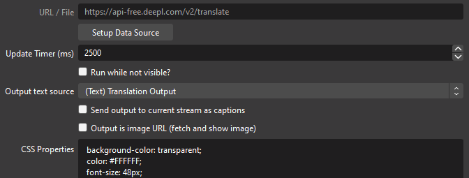 Screenshot of the OBS urlsource source configuration showing update timer and output.