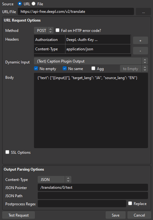 Screenshot of a completed HTTP Request in the OBS urlsource plugin for translating text with DeepL.