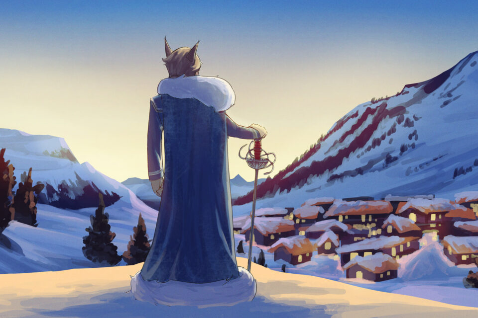 Artwork of Yuki, a male bobcat vtuber. He wears a furry cape and is holding a decorative sword upright in his right hand; the tip of the sword in the snow covered ground. Yuki is depicted from behind looking out over a small village at sunset.